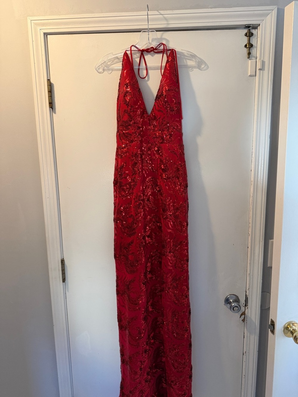 Red Sequin Halter Evening Dress